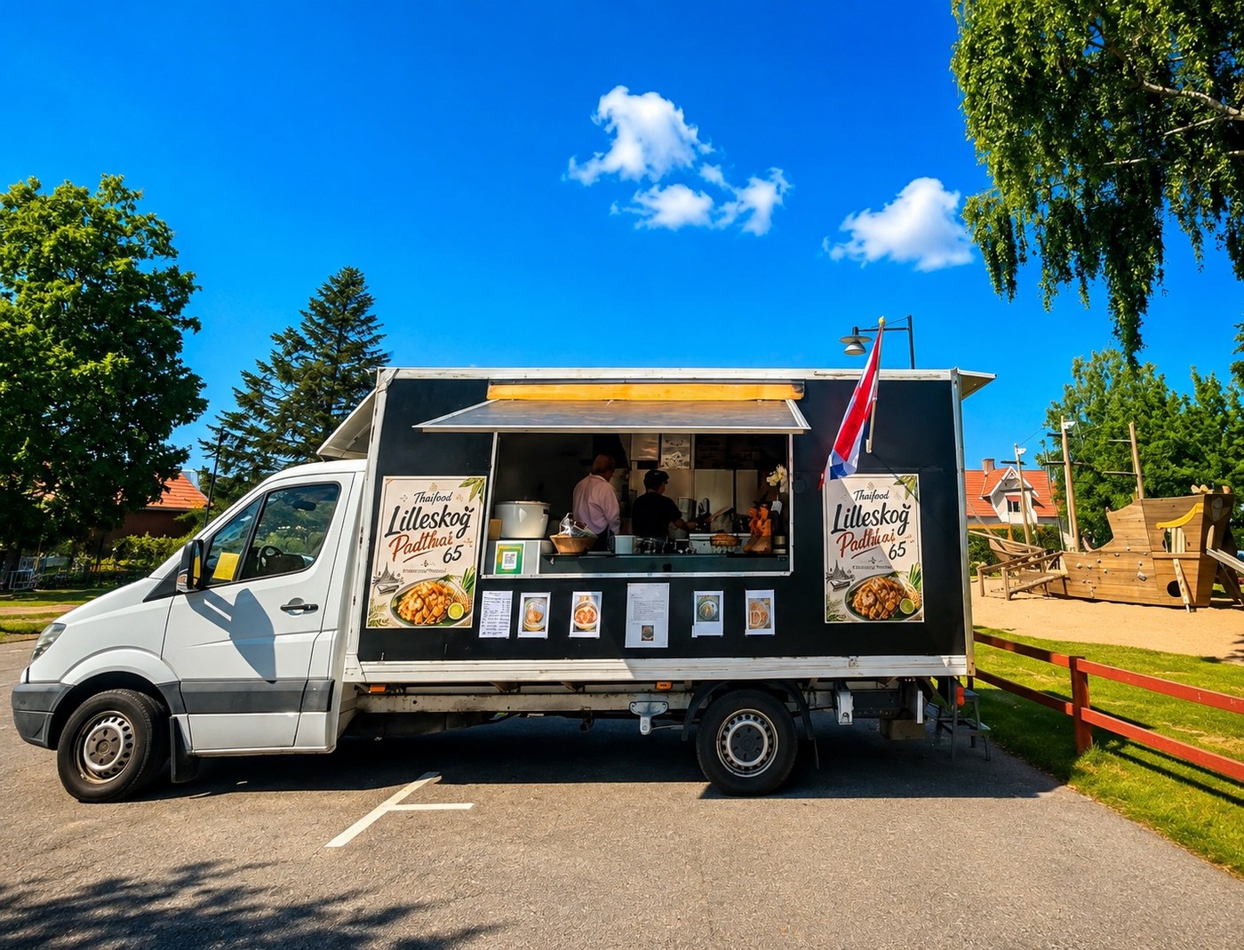 Lilleskog Padthai61 foodtruck i Töreboda gästhamn med serveringsluckan öppen